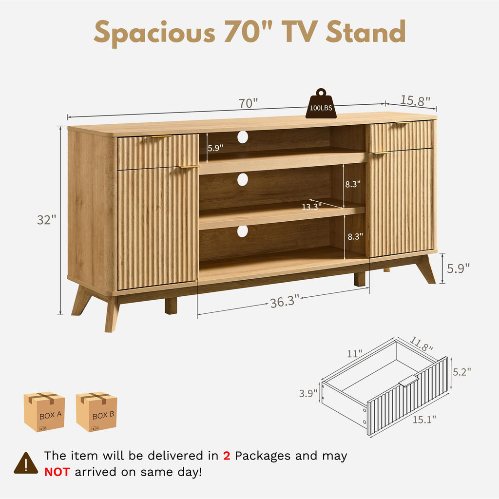 70" Fluted TV Stand for 80" TVs, 32" Tall Storage Entertainment Center