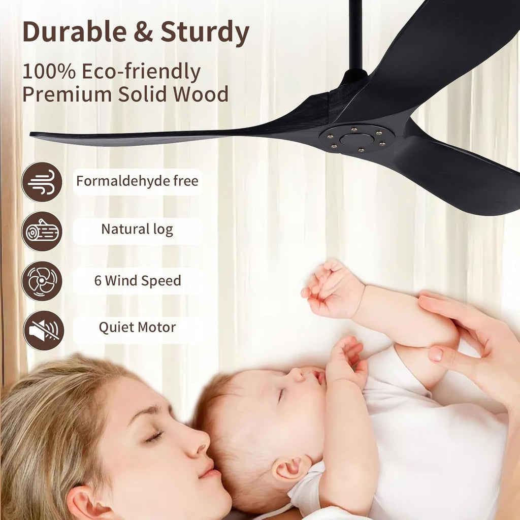 Inspired Maverick Style Solid Wood Black Ceiling Fan Without Light, 52 inch Walnut Ceiling Fan with 3 Wood Blades 6 Speeds Smart Timing Reversible DC Motor, Modern Fan for Indoor Outdoor Farmhouse/Patios A102-B0CMTK7D47