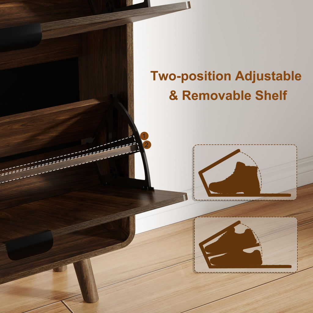 Fluted Shoe Storage Cabinet with 4 Flip Drawers, Walnut