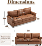 Kingfun Mid-Century Modern Couch, Faux Leather Sofa, 3 Seater Couch for Living Room with Rolled arms & Nailhead Trim
