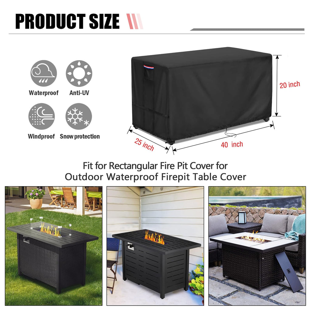 Fire Pit Cover Rectangular Waterproof 600D, 40 x 25 x 20 Inch Black