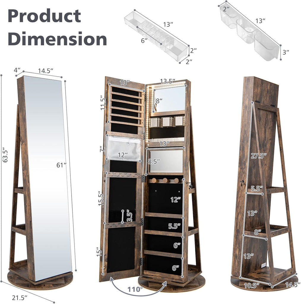 360° Swivel Jewelry Armoire with Full Length Mirror, Rear Storage Shelves, Lockable Standing Jewelry Cabinet