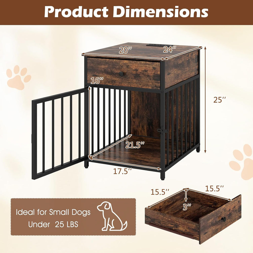 Industrial Dog Crate Furniture with Charging Station, Wooden Dog Kennel with Drawer and Lockable Door, 2 AC Outlets