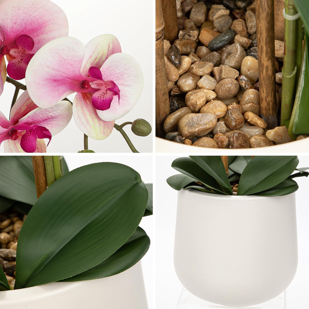 Extra Large Pink White Artificial Orchid Arrangement in Cream Resin Pot, 29.5in Realistic Faux Phalaenopsis Flowers
