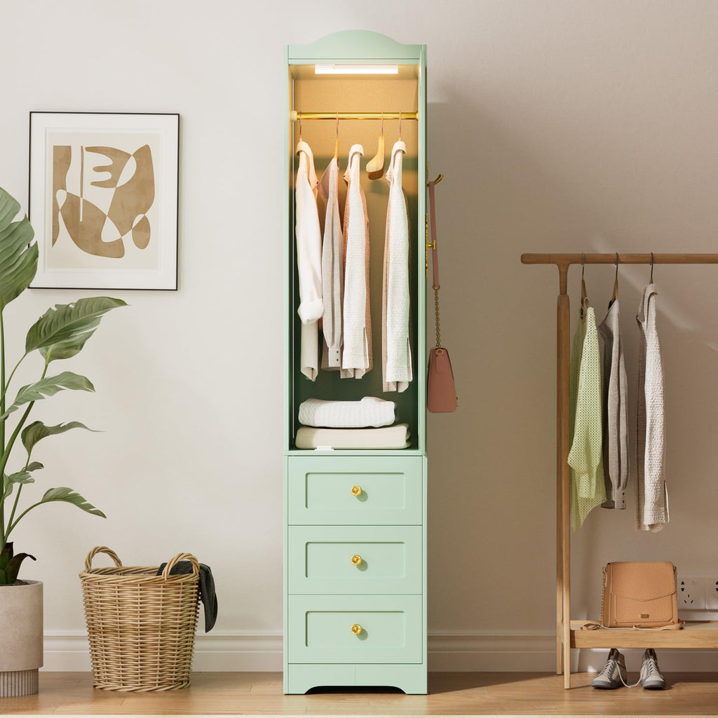 Armoire Wardrobe Closet, 69.5" H Wood Bedroom Armoires Cabinet with Mirror Door and 3 Drawers, Green Clothing Storage