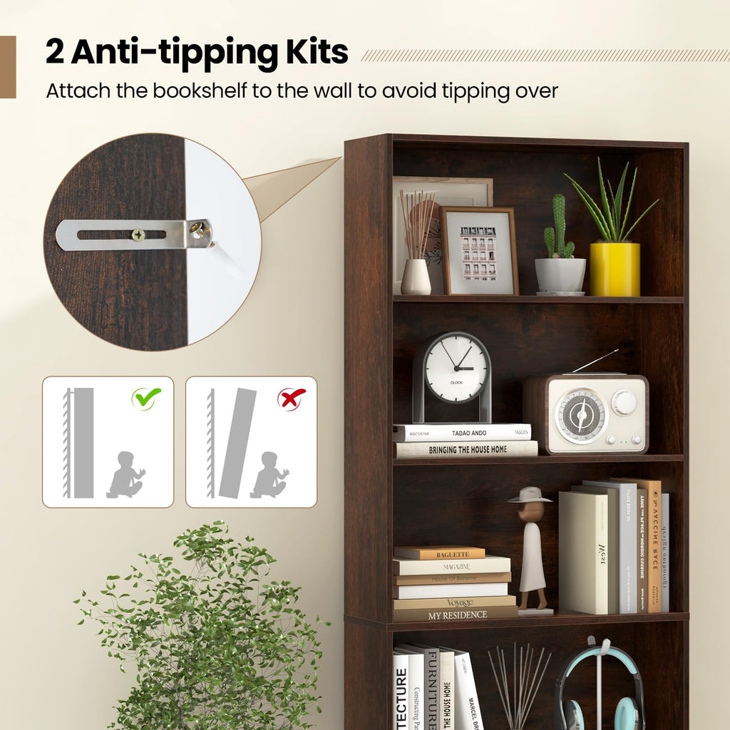 6-Tier Bookcase, 70" Tall Wooden Bookshelf, Freestanding Storage Organizer w/Open Shelves, Anti-Tipping Kits, Modern