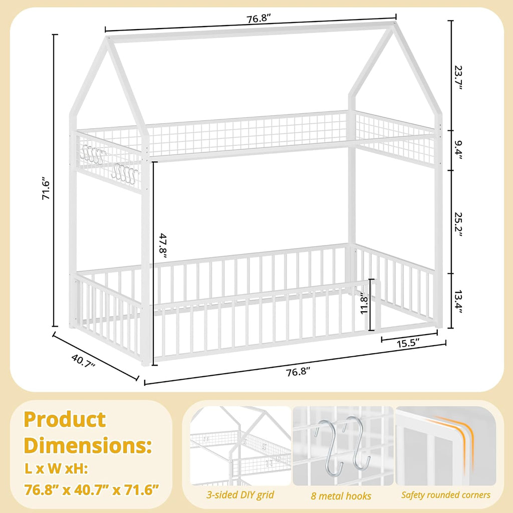 Floor Bed Frame with Fence Guardrails and Roof, White