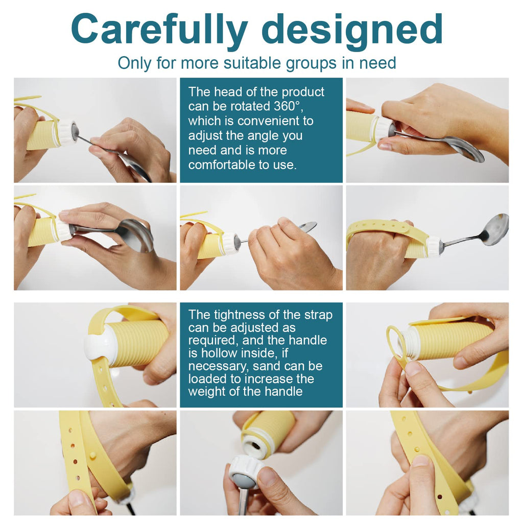 Adaptive Utensils Spoons Forks Set Weighted, Non-Slip Handles & rubber strap, for Hand Tremors & Muscle Weakness