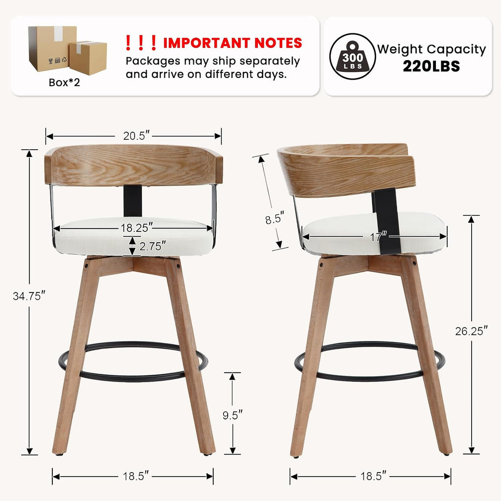 Swivel Bar Stools Set of 4-26" Counter Height Bar Stool with Footrest - Modern Wood Barstools with Linen Upholstered