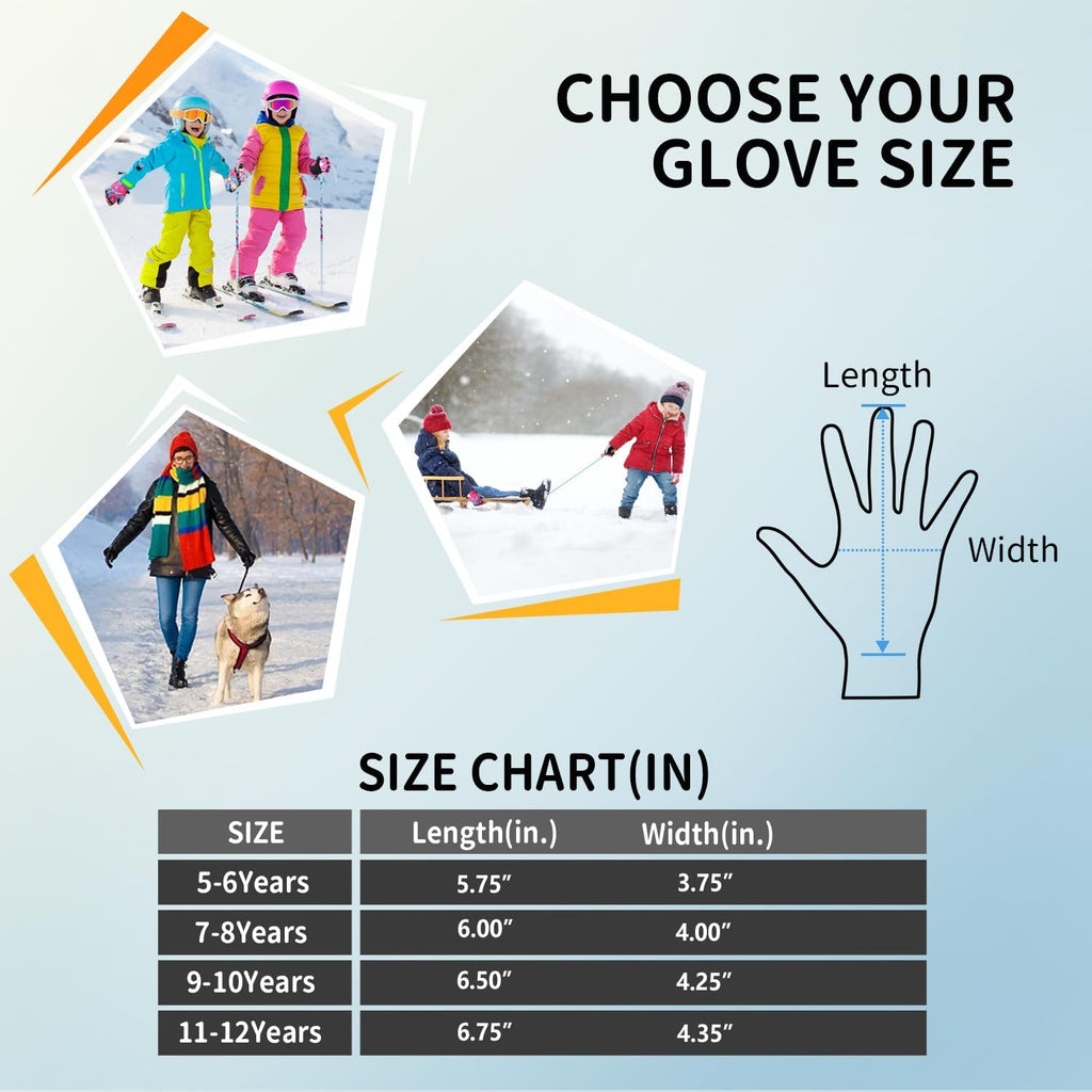 Kids Winter Waterproof Ski Gloves, Snowboarding Touchscreen Snow Cycling Running Gloves for Boys Girls