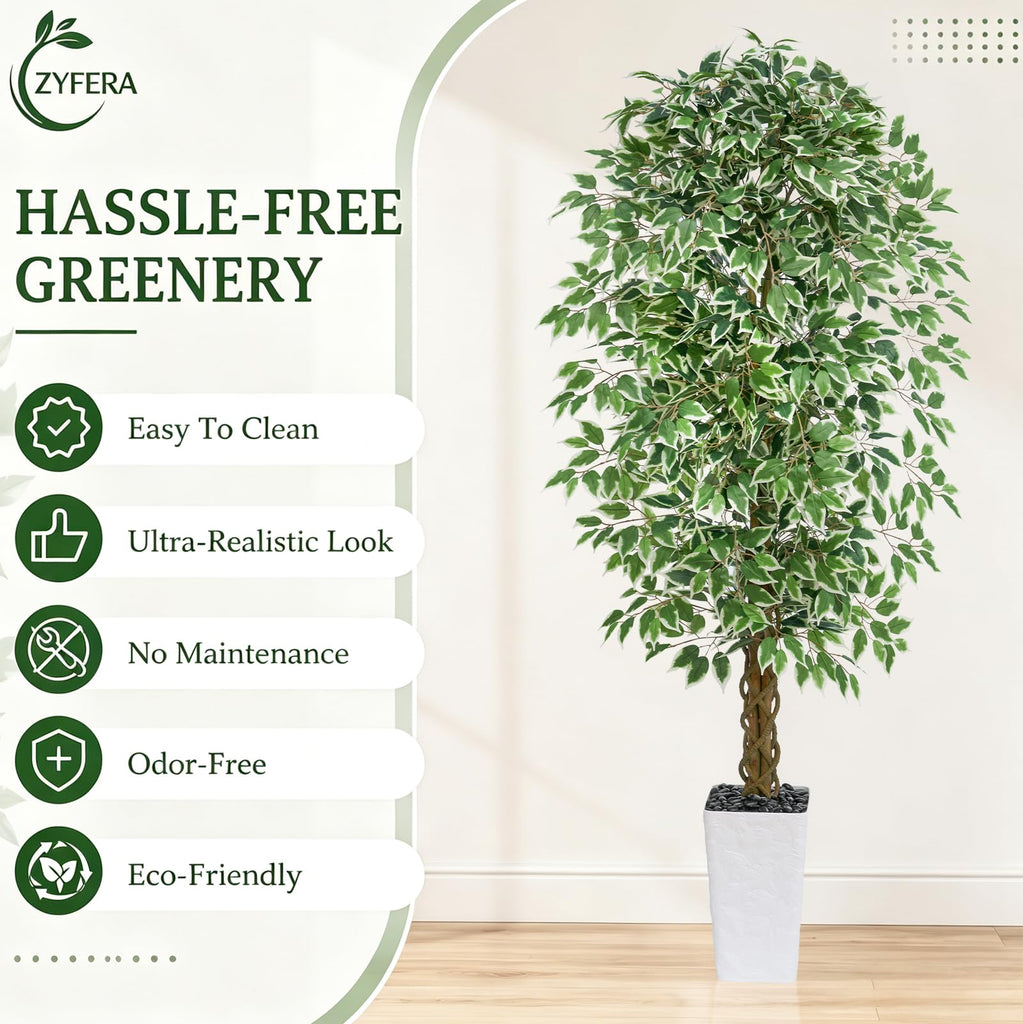 Ficus Tree 7FT, Large Fake Tree Decor (White Planter)
