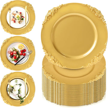 Gold Charger Plates Bulk, 13" Round Charger Plates with Embossed Rim, Decorative Dinner Gold Chargers - Set of 100
