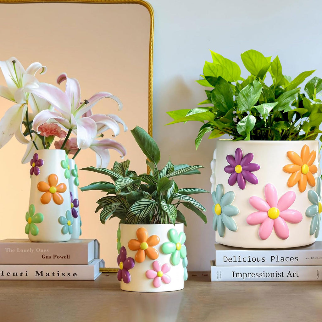 8 Inch Daisy Planters, Decorative Large Plant Pots with Drainage Holes, Funny Unique Flower Pot for Indoor Plants