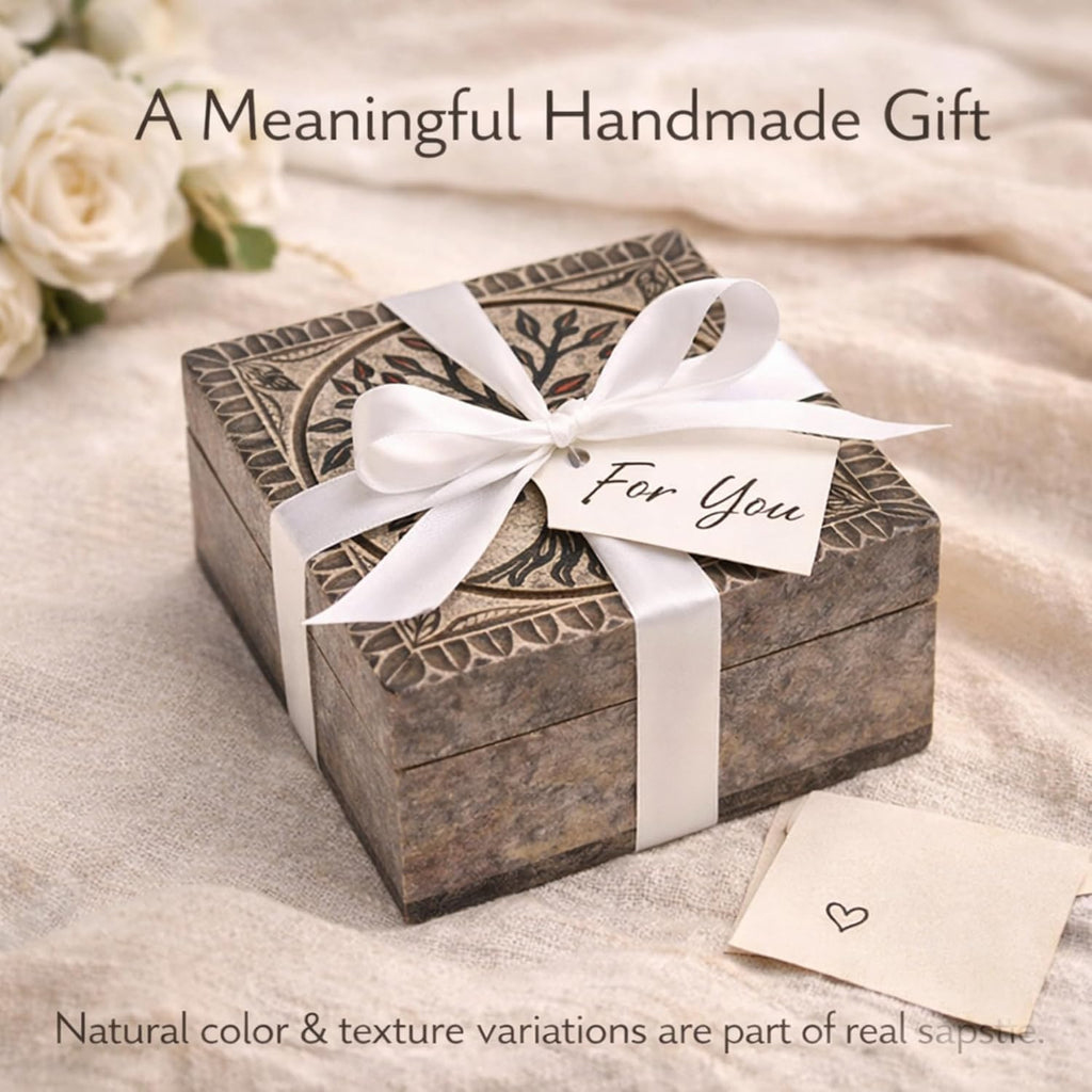 Hand Carved Marble Soapstone Square Jewellery Box, 4x4x2 Inch