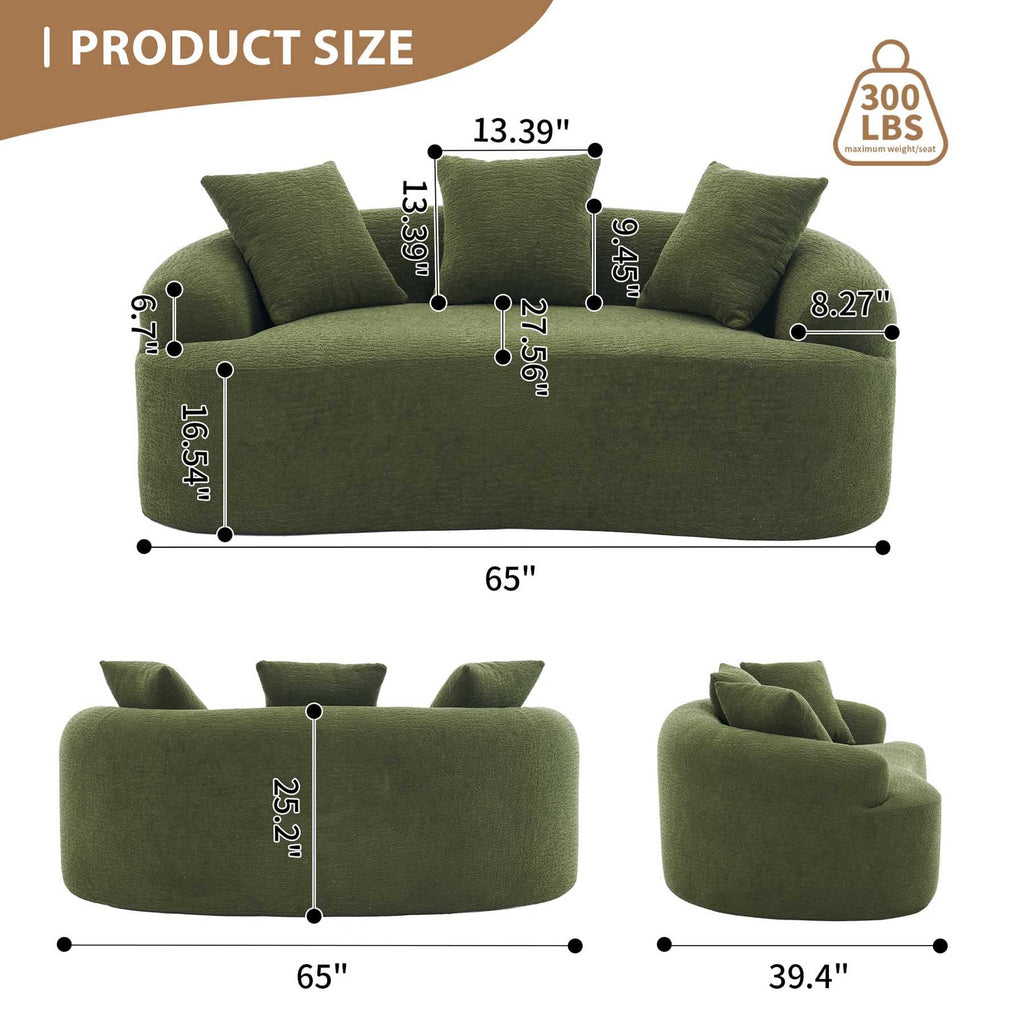 65" Green Curved Couch& Loveseat with 3 Pillows, Compression Couch with Round Armrest, Suitable for Small Space
