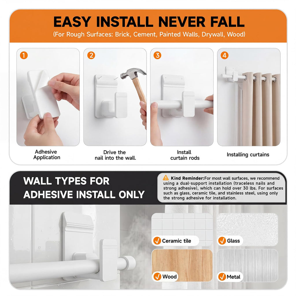 No Drill Curtain Rods for Windows 30 to 45 Inches, Upgrade Dual Support: Adhesive & Invisible Nail 5/8 Inch Curtain