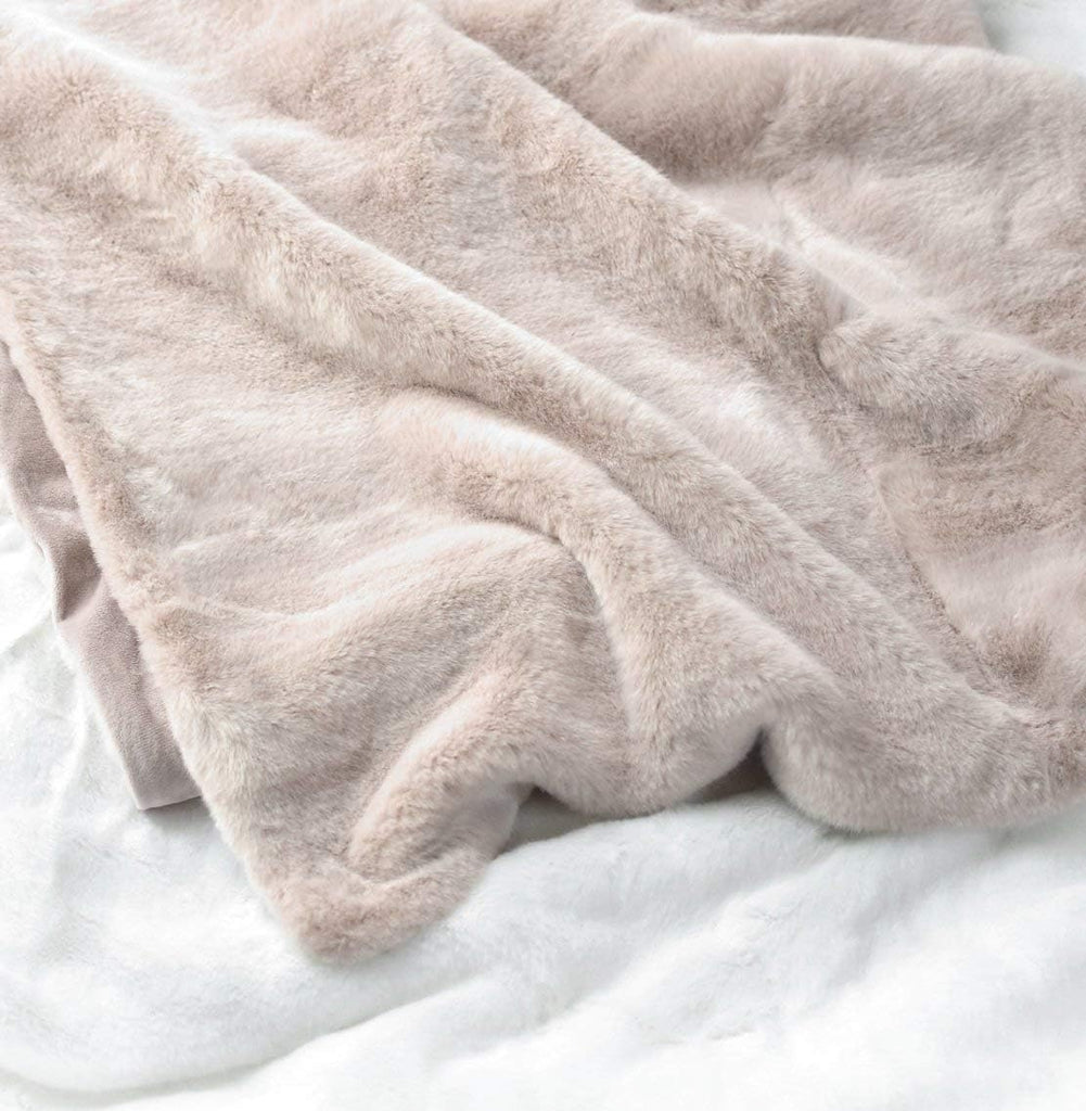 Faux Fur Oversized Throw Blanket with Plush Velvet Reverse, Fox Lynx or Gray Mink (Blush X-Long)