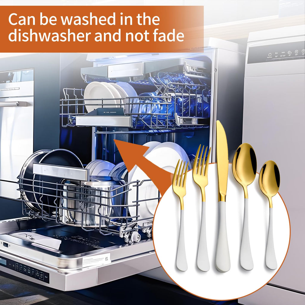 20 Piece Gold and White 18/0 Flatware Utensil Set for 4, Include Dinner Knife, Dinner Forks, Dinner Spoons, Salad