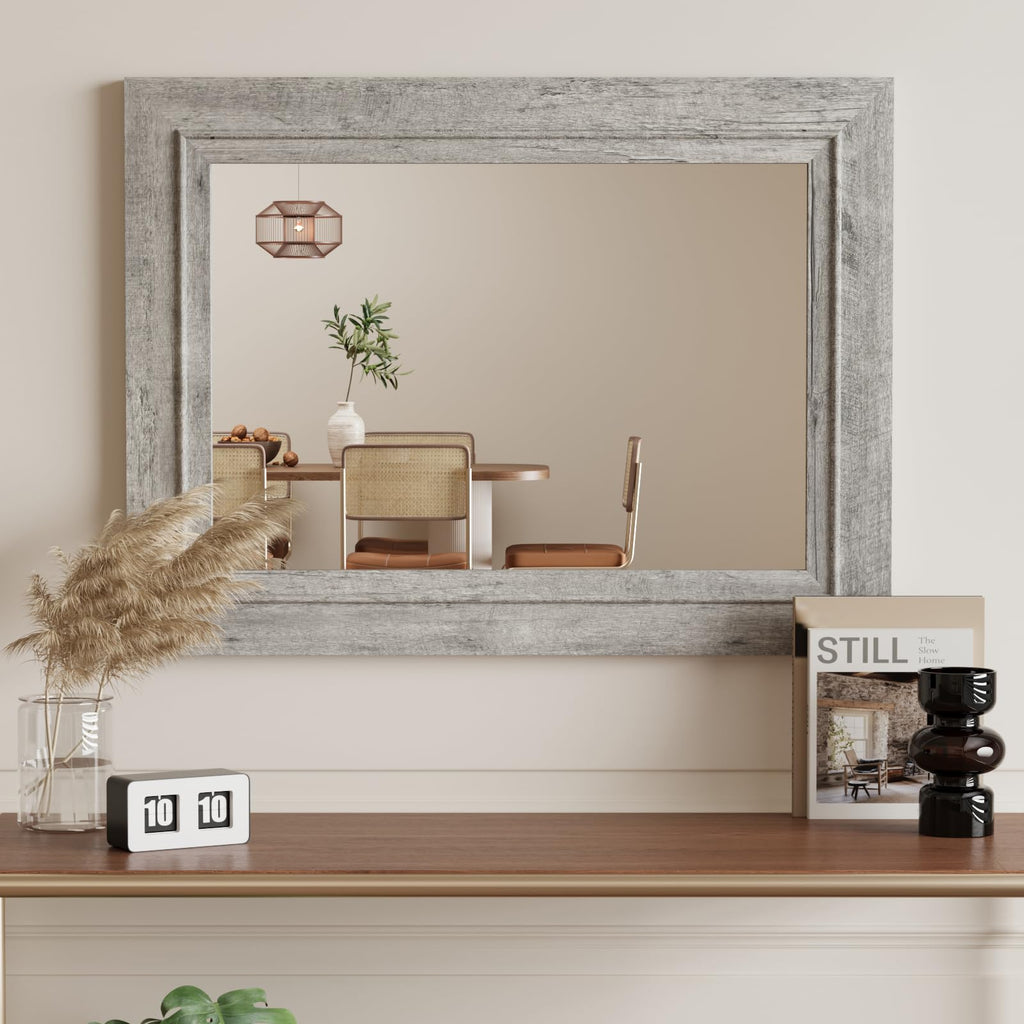 Rustic Wall-Mounted Vanity Mirror, Solid Wood Frame Bathroom Mirror, Farmhouse Style, Horizontal/Vertical Hanging