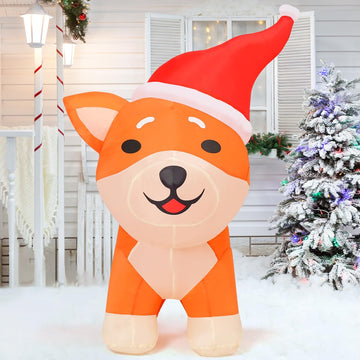 4FT Christmas Inflatables Santa Hat Shiba Inu Yard Decor with LEDs