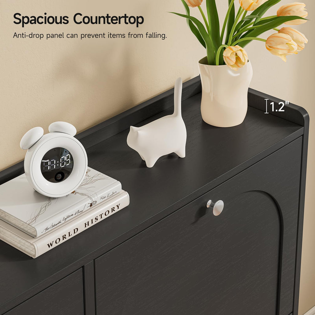 Shoe Cabinet with 4 Flip Drawers & 2 Side Hooks, Black