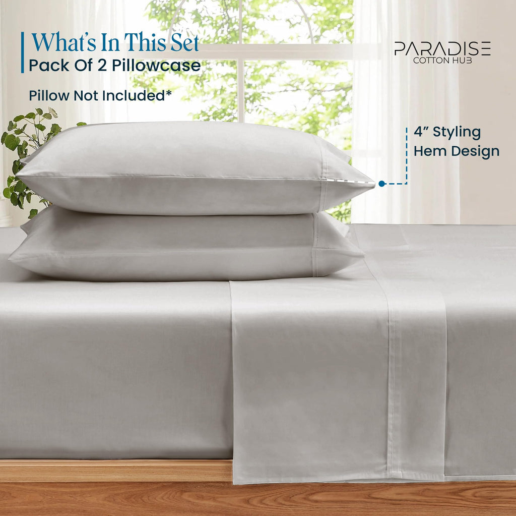 Queen Size 2-Piece Pillow Case Set 1000 Series Egyptian Cotton Envelope Closure - Solid, Silver Grey