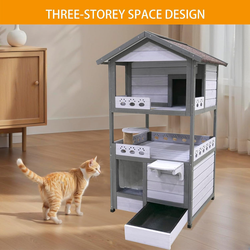 3-Story Wooden Cat House, Indoor/Outdoor Cat Condo with Waterproof Asphalt Roof, PVC Door Curtain, Jumping Platform &