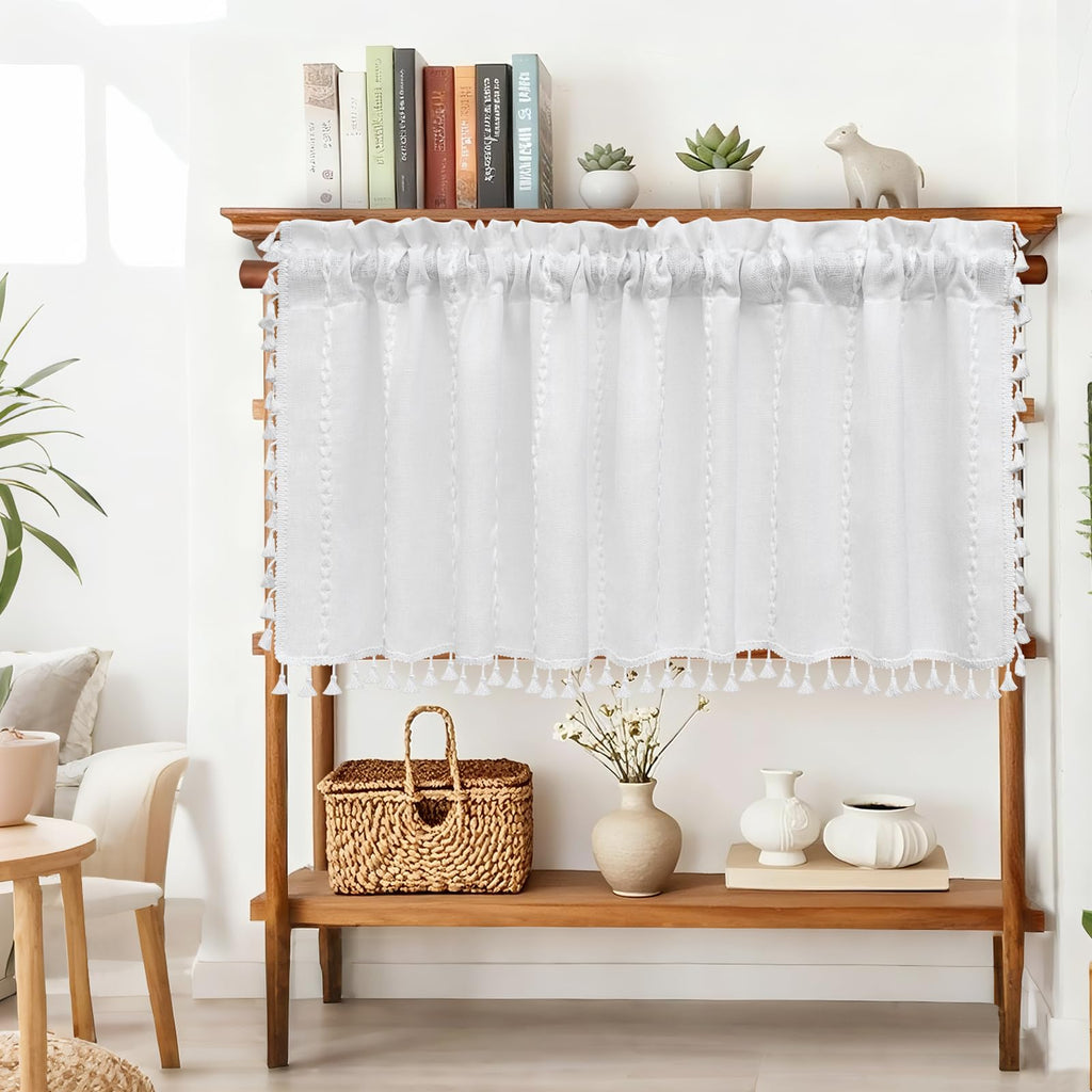 White Boho Farmhouse Valance Curtain with Tassels, 52 x 18 inch Linen Textured Window Curtain, Striped Light
