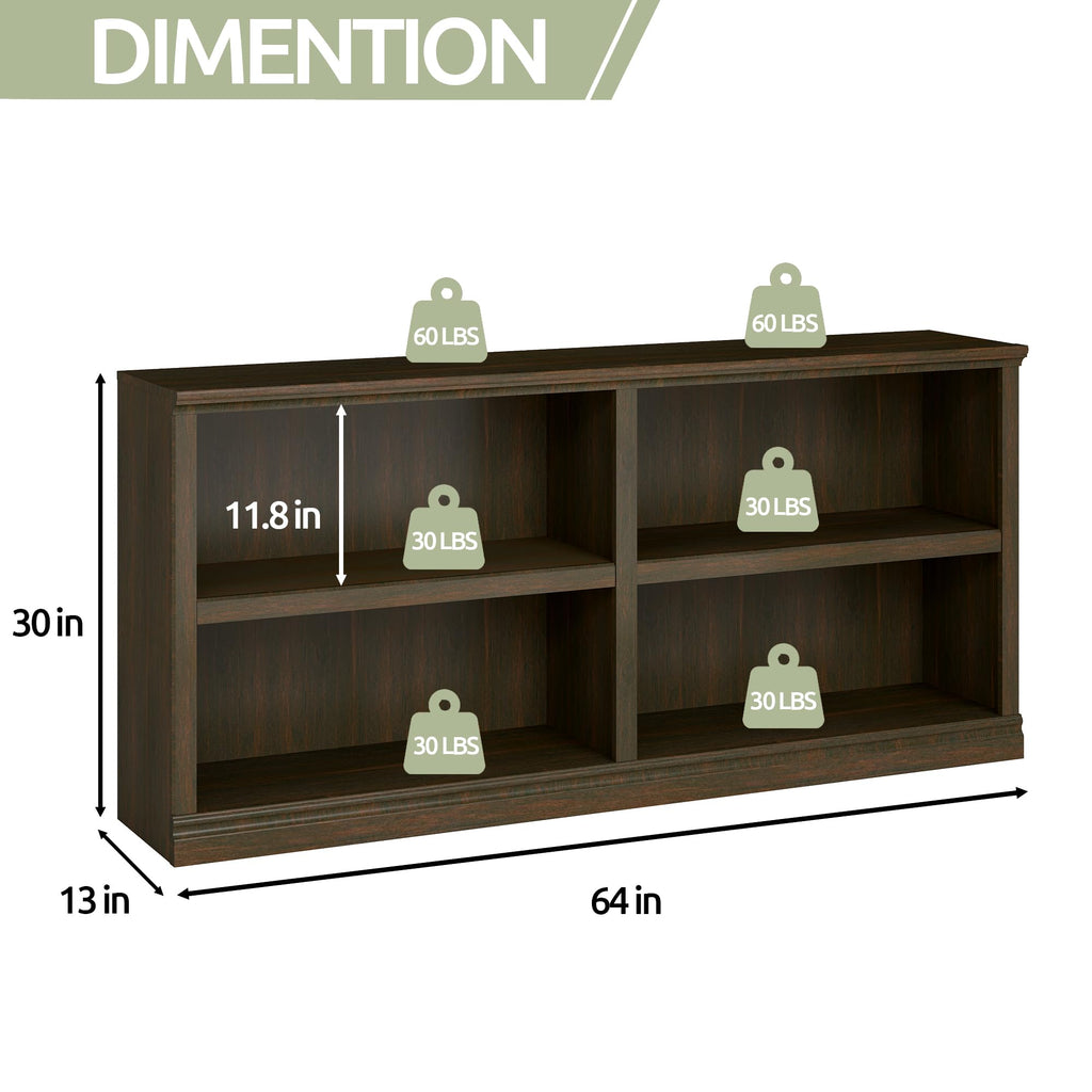 Low Horizontal Bookshelf Double Wide 64" 2-Tier Bookcase 4 Cube Storage Organizer Cherry Wood Bookcases Decor Display