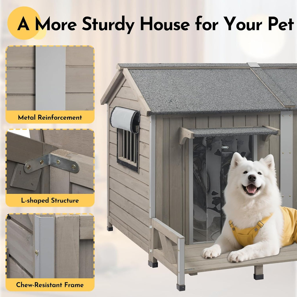 59''L Extra Large Dog House with 2 Doors, Wooden XL Dog House Outdoor Weatherproof with Chew-Proof Iron Frame