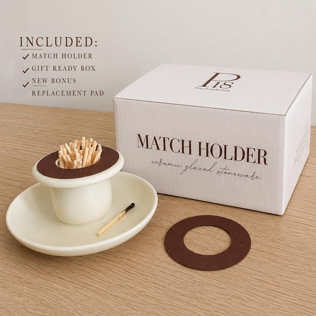 Handcrafted Ceramic Match Holder with Striker and Tray - Minimalist Candle Accessory, Decorative Match Striker