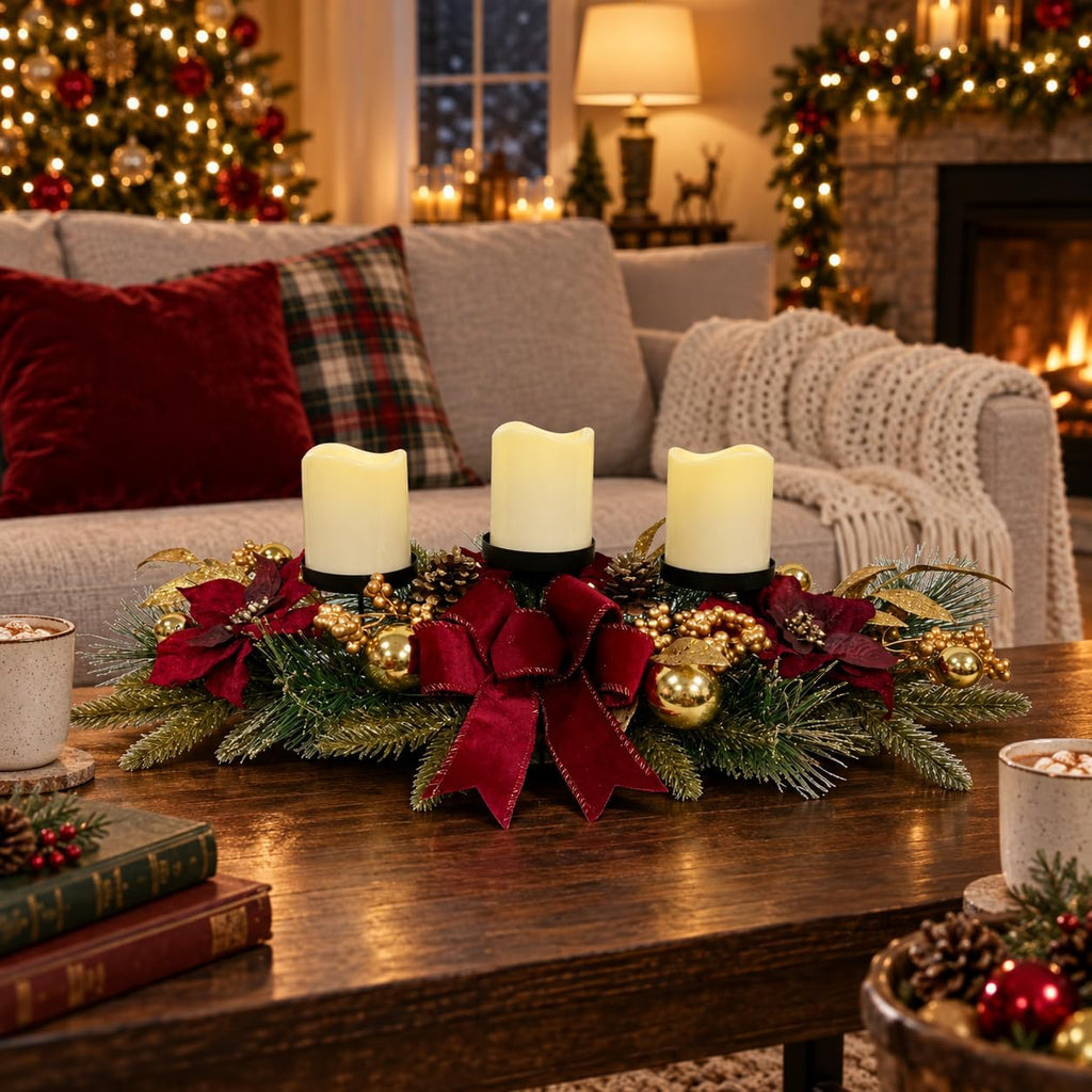 Christmas Candle Holder Centerpiece with Poinsettias and Berries