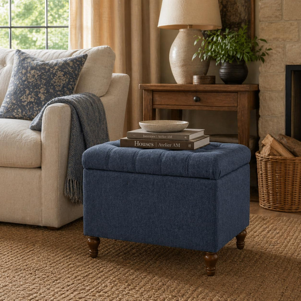 24" Button Tufted Storage Ottoman - Blue Woven Fabric