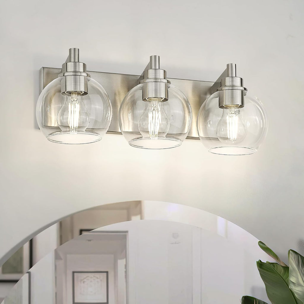 Bathroom Light Fixtures, 3-Light Brushed Nickel Vanity Light, Modern Wall Sconces with Globe Clear Glass Shade