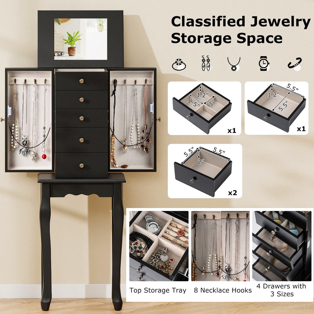 Standing Jewelry Cabinet Armoire with Top Flip Mirror, Jewelry Box Chest with 4 Drawers, Top Compartments, 8 Necklace