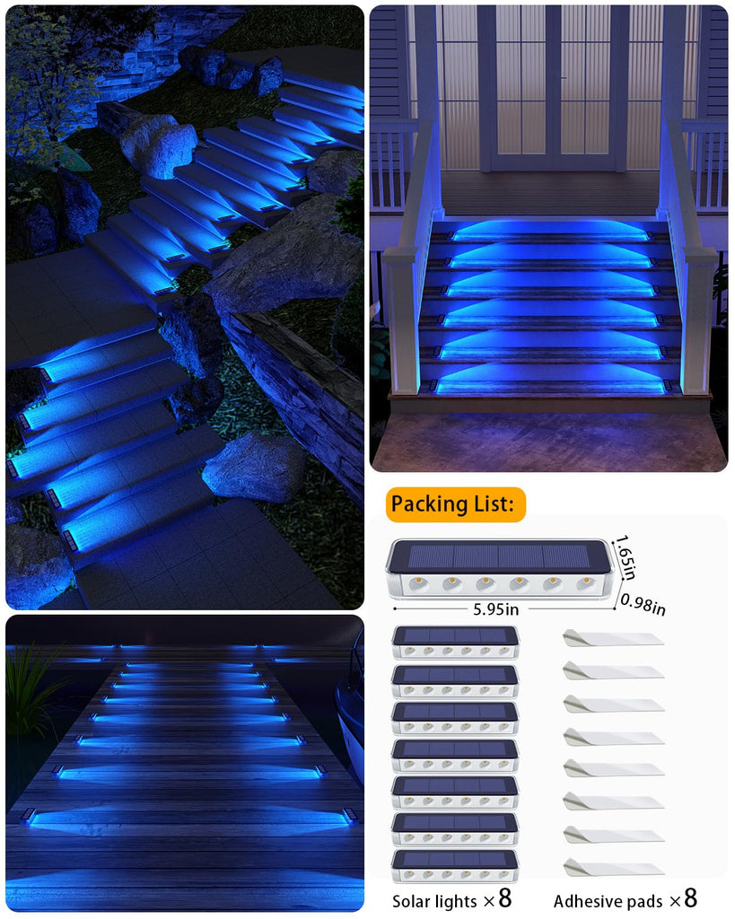 Blue Solar Step Lights for Outside IP68 Waterproof Led 8 Pack