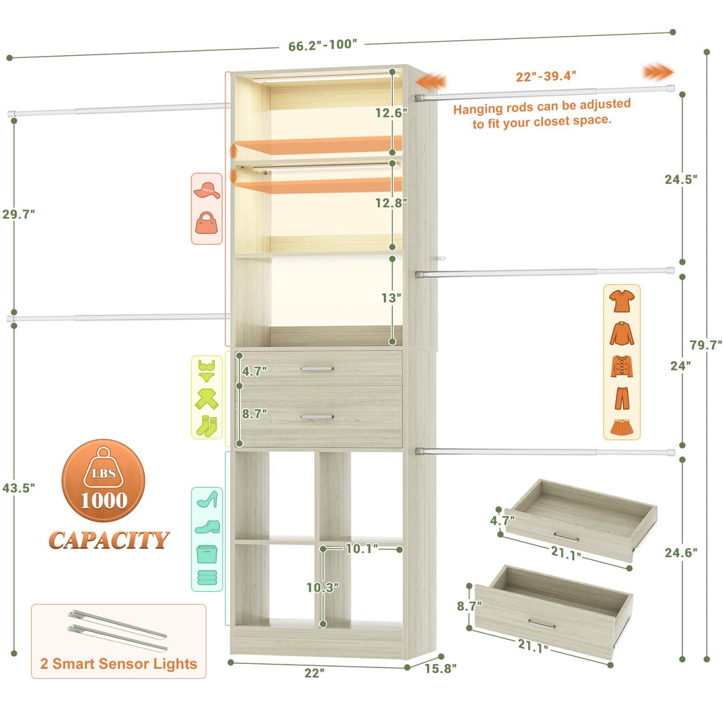 Closet System, Built in, Not Free Standing, Enclosed Storage Volume: 2.58 ft3, Greige Oak