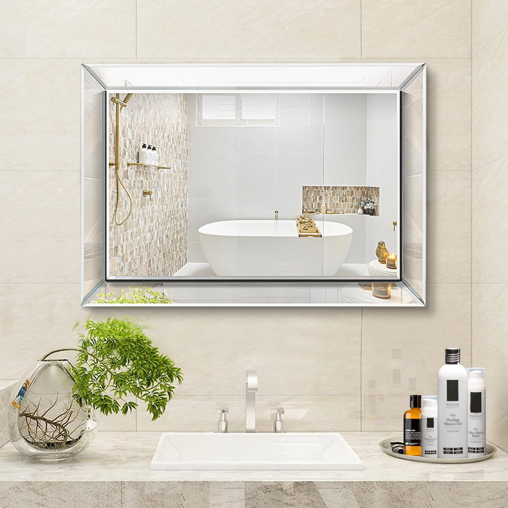 Frameless Bathroom Mirror - 20" x 30" Rectangular, Polished Beveled Edge for Washroom