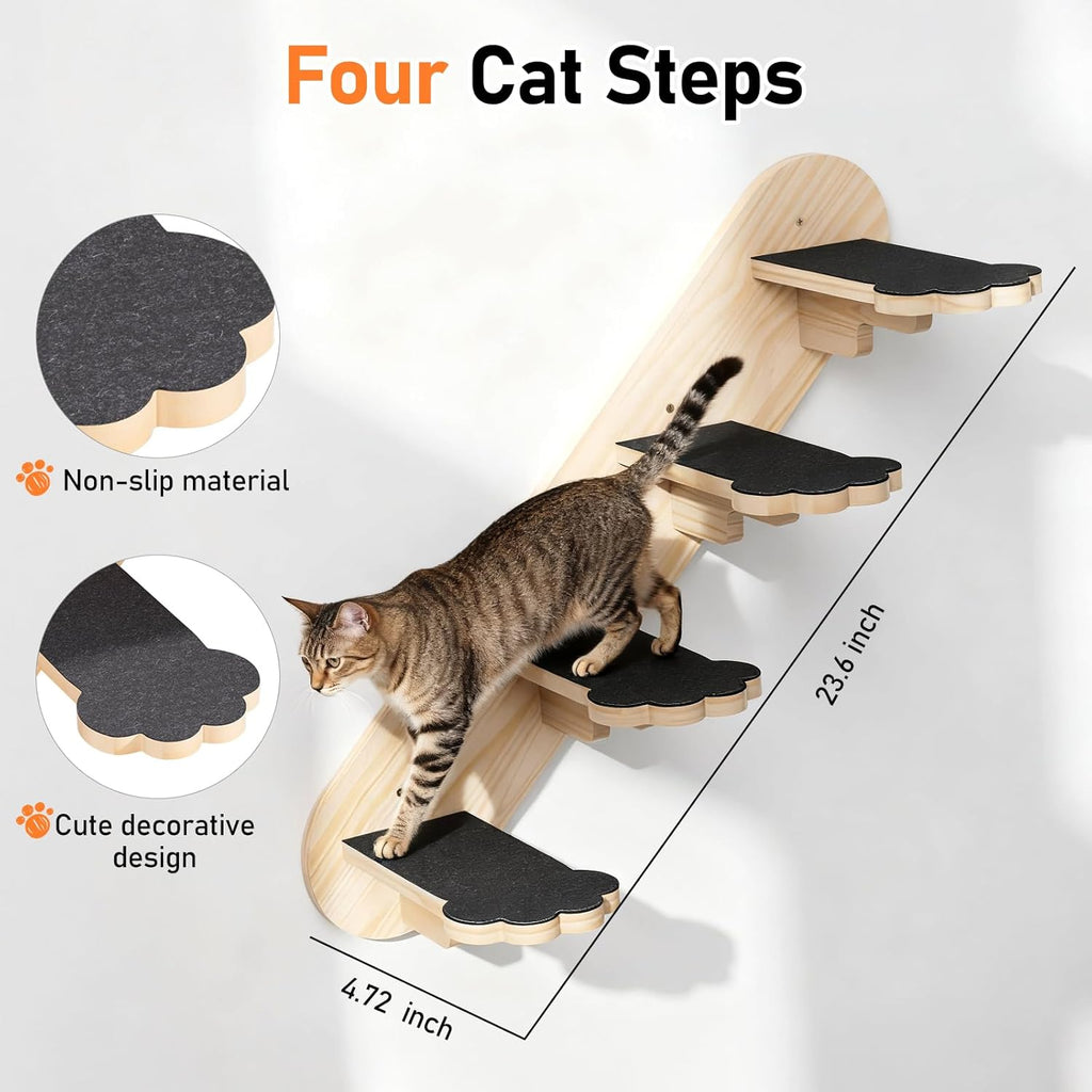 Cat Wall Hammock Mounted Bed with 4 Climbing Steps, Modern Cats Shelves and Perches up to 30lbs, Wooden Kitten Wall