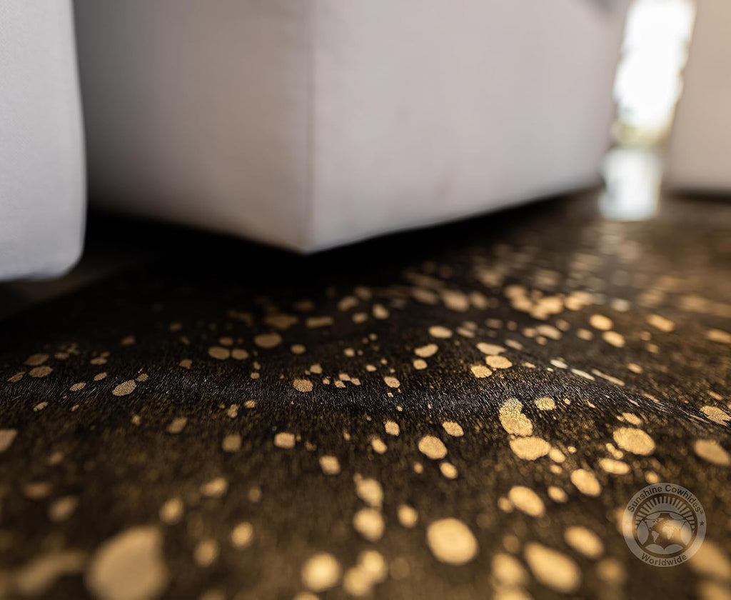 100% Genuine Metallic Gold on Dyed Black Cowhide Rug - Modern Style Brazilian Animal Skin Rug & Floor Carpet & More