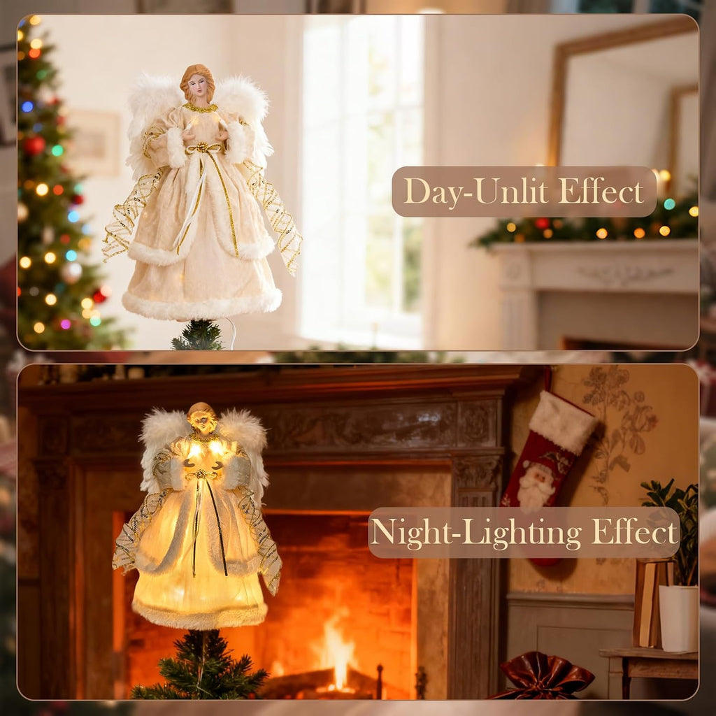 Angel Christmas Tree Topper, 13.7 Inch Angel Tree Topper with Lights, Christmas Tree Topper with White Feather Wings