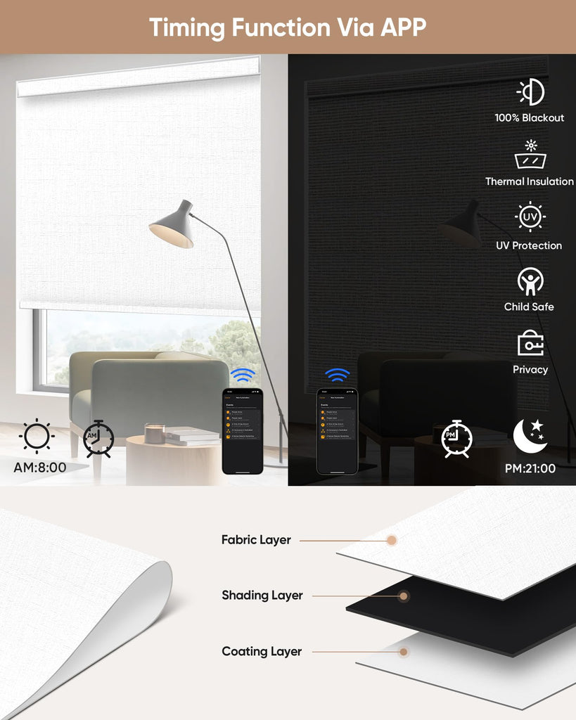 Motorized Blinds with Remote, APP, Voice Control - 100% Blackout