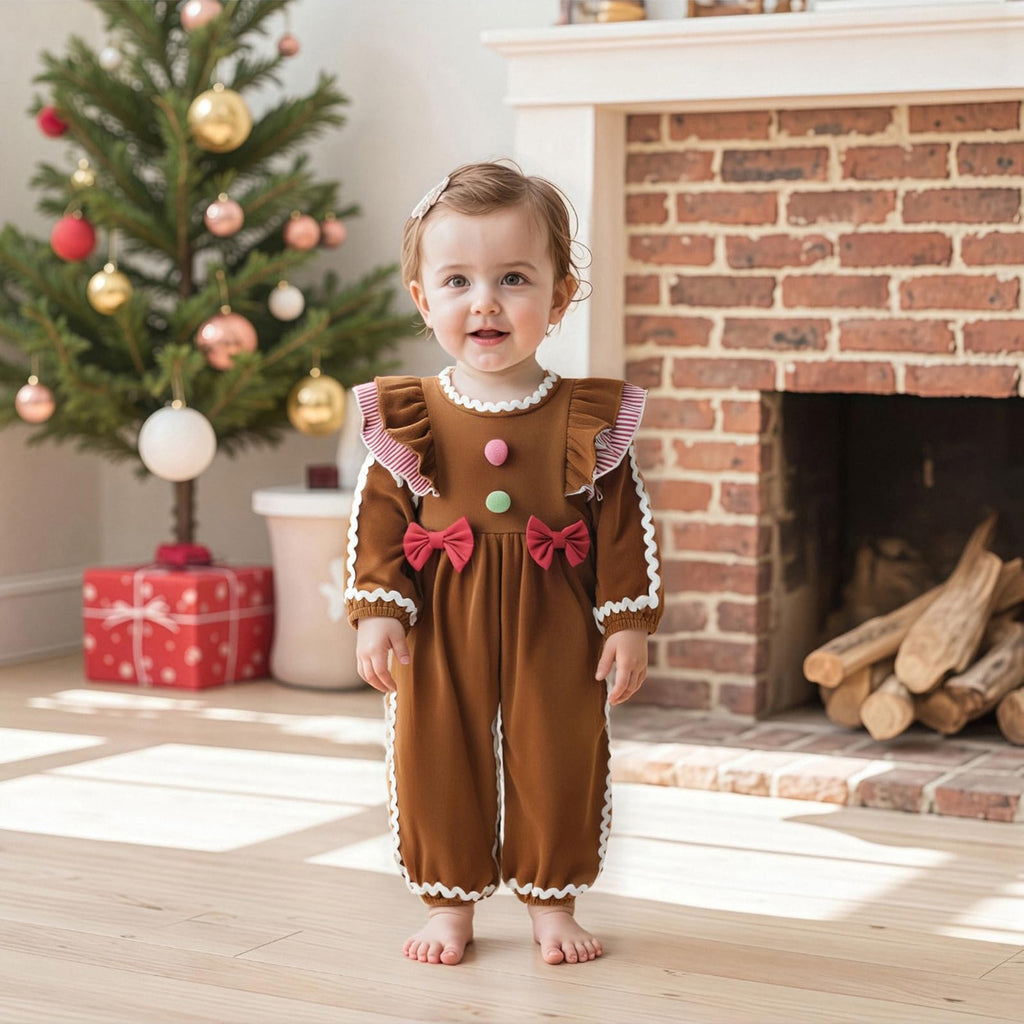 My First Christmas Baby Girl Outfit Gingerbread Man Romper jumpsuit Newborn Ginger Bread Bodysuit xmas clothes(Brown