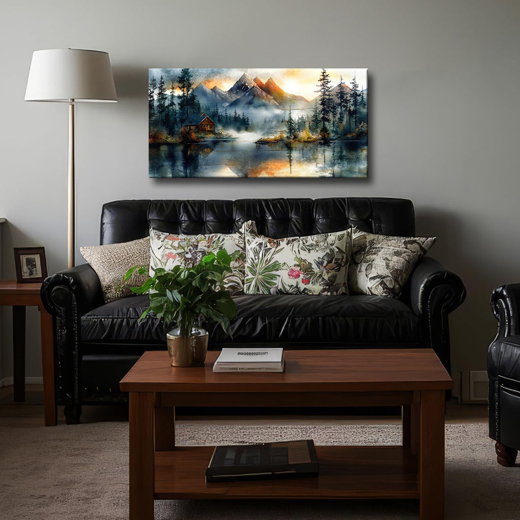 Large Mountain Cabin Wall Art 48x24 Rustic Lake Panoramic Canvas Print