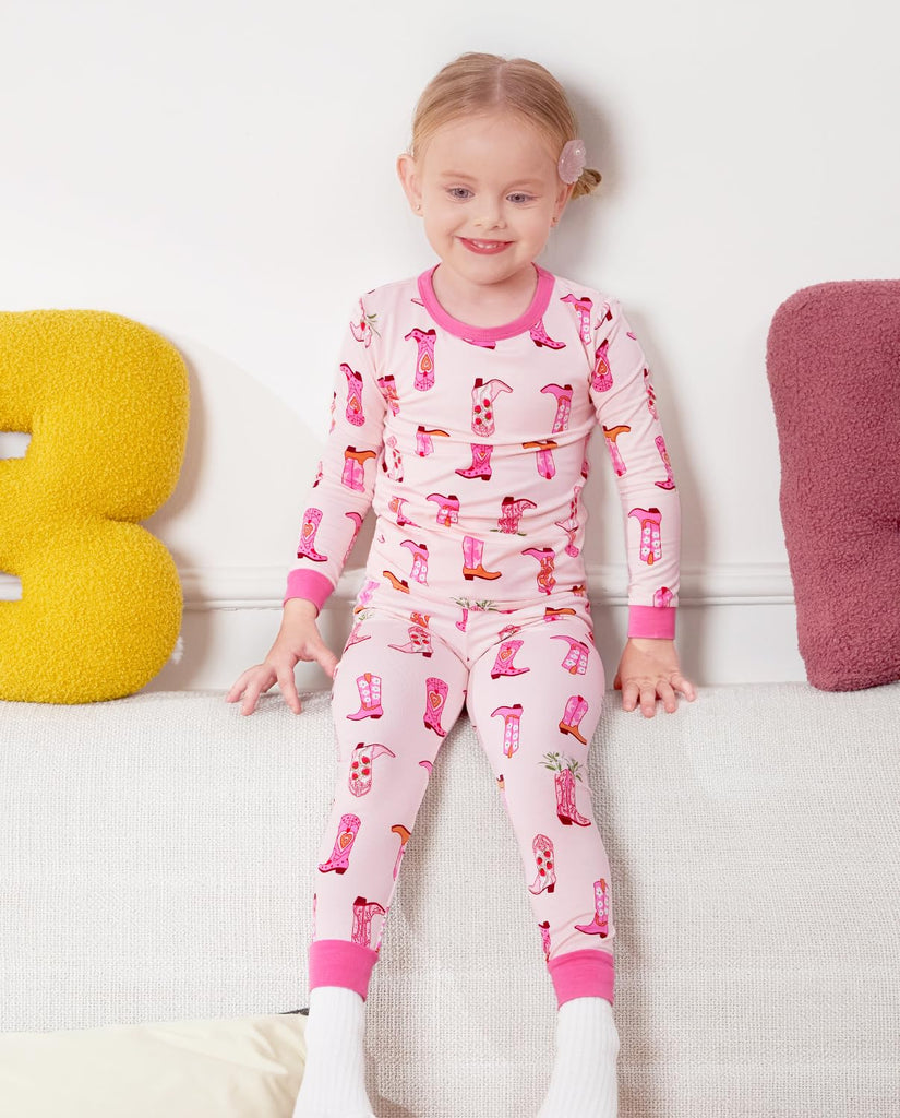 Bamboo Viscose Toddler Girls Kids Pajamas Pinky Boots Pjs Long Sleeve Snug fit 2pcs Soft Jammies