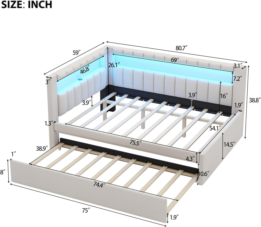 Upholstered Full Size Daybed with LED and Trundle, USB Ports, White | L-Shaped Corner Day Bed with Storage Shelves