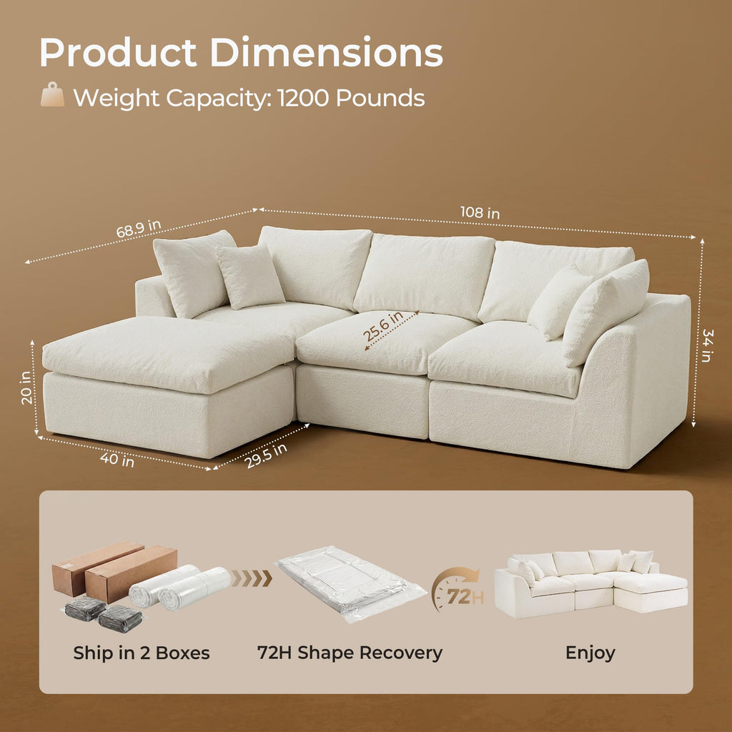108" Cloud Sectional Couch with 2 Washable Cover Sets