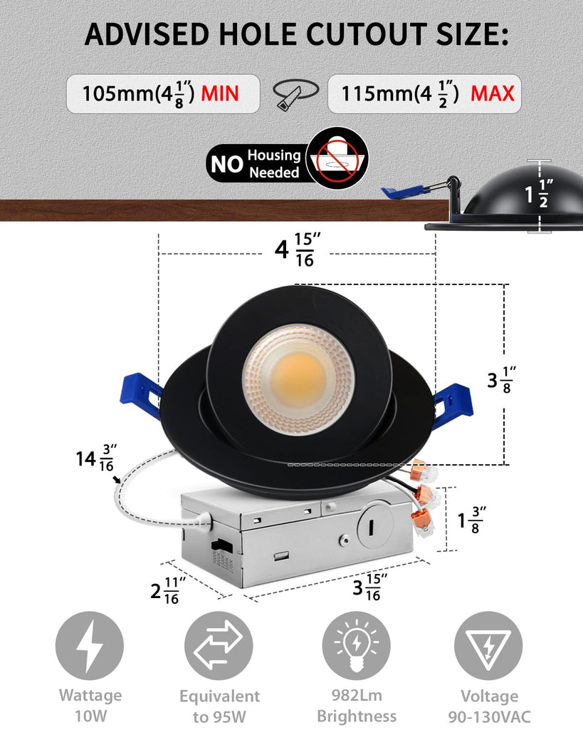 4 Pack 4 inch 5CCT Black LED Eyeball Gimbal Recessed Light, Dimmable