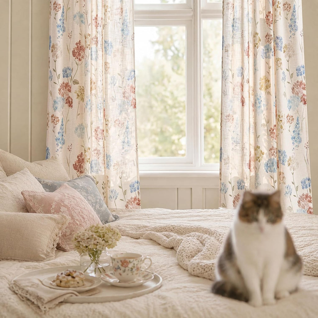 Vanya Floral Linen Blend Curtains 84 Inches Long for Living Room Bedroom, Light Filtering Semi Sheer Drapes, Vintage