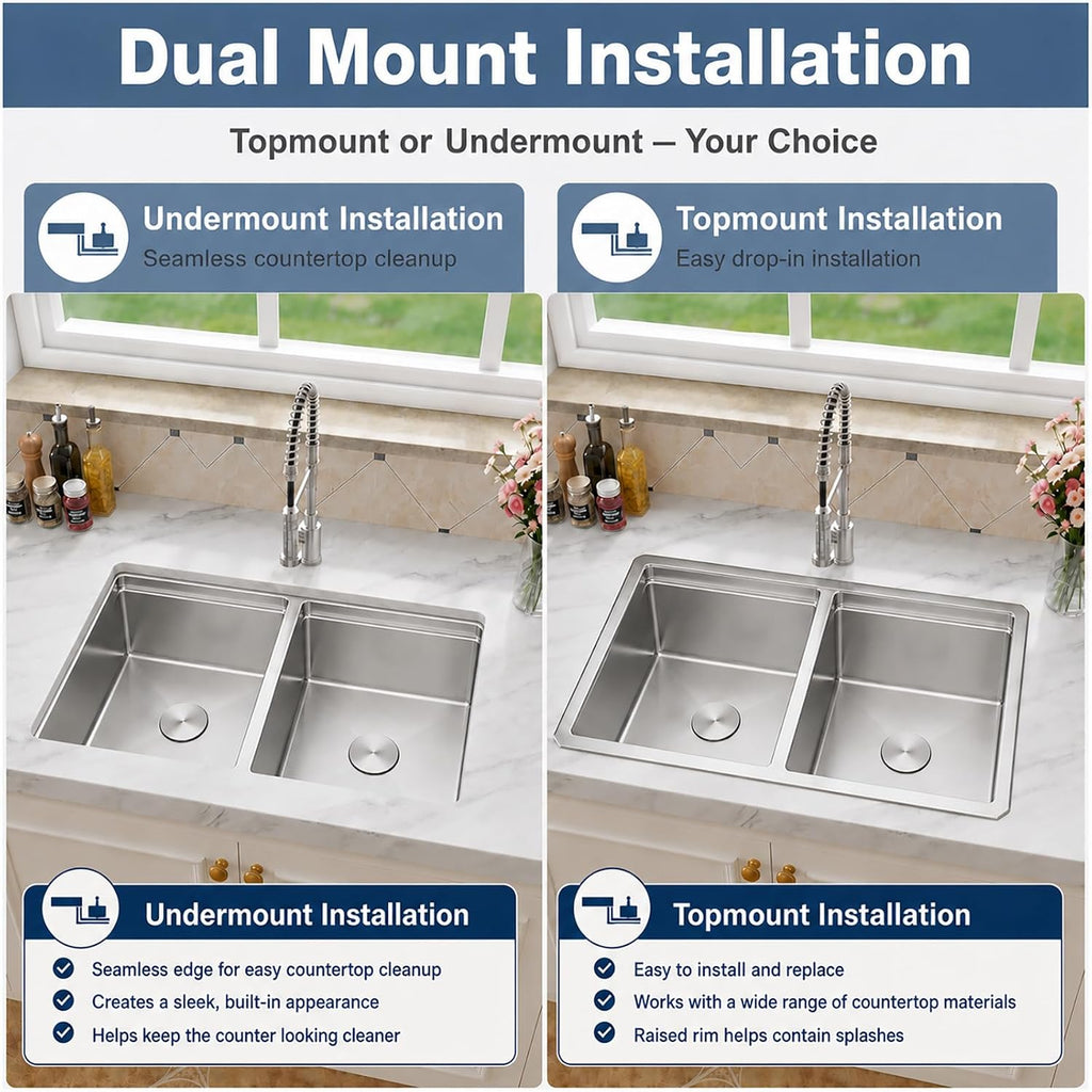 Double Undermount Kitchen Sinks 32 Inch, 16 Guage T304 Stainless Steel Sink | 32" x 18" x 10" Deep Large Workstation